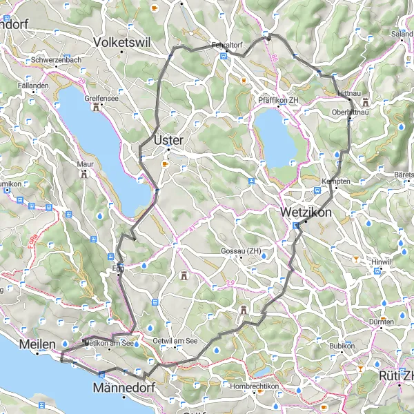 Miniatura mapy "Z Obermeilen do Wetzikon i z powrotem" - trasy rowerowej w Zürich, Switzerland. Wygenerowane przez planer tras rowerowych Tarmacs.app