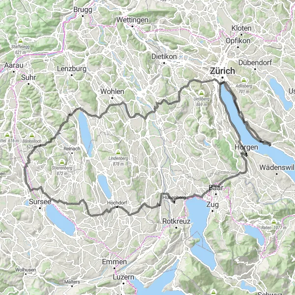 Kartminiatyr av "Långväga landsvägsäventyr med historiska höjdpunkter" cykelinspiration i Zürich, Switzerland. Genererad av Tarmacs.app cykelruttplanerare