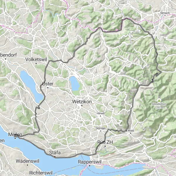 Map miniature of "Meilen Round-Trip" cycling inspiration in Zürich, Switzerland. Generated by Tarmacs.app cycling route planner