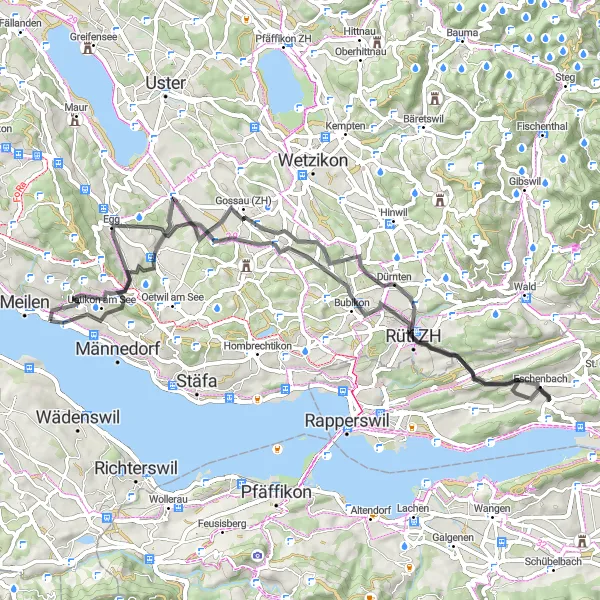 Miniaturekort af cykelinspirationen "64 km Vejcykelrute gennem Zürichs kystnære landskab" i Zürich, Switzerland. Genereret af Tarmacs.app cykelruteplanlægger