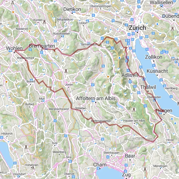 Miniatua del mapa de inspiración ciclista "Ruta de Grava Oberrieden - Villa Seerose" en Zürich, Switzerland. Generado por Tarmacs.app planificador de rutas ciclistas