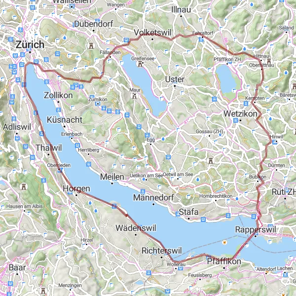 Mapa miniatúra "Bouřlivá trasa od Bürkliplatz až po Villa Seerose" cyklistická inšpirácia v Zürich, Switzerland. Vygenerované cyklistickým plánovačom trás Tarmacs.app