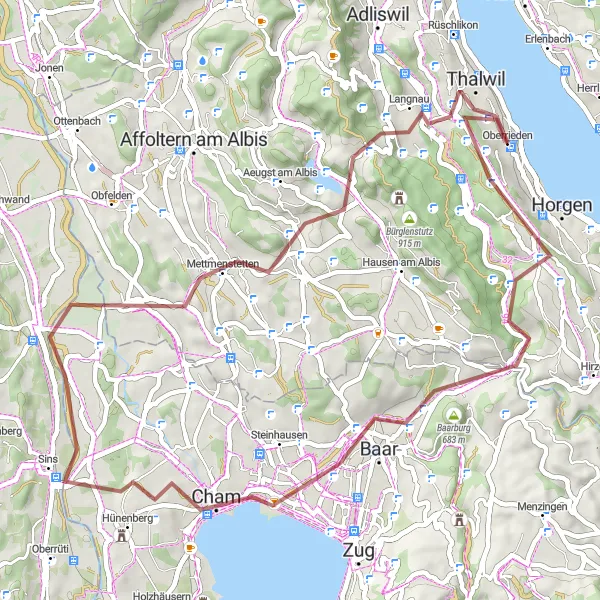 Karttaminiaatyyri "Historialliset kohteet ja maaseutumaisemat" pyöräilyinspiraatiosta alueella Zürich, Switzerland. Luotu Tarmacs.app pyöräilyreittisuunnittelijalla
