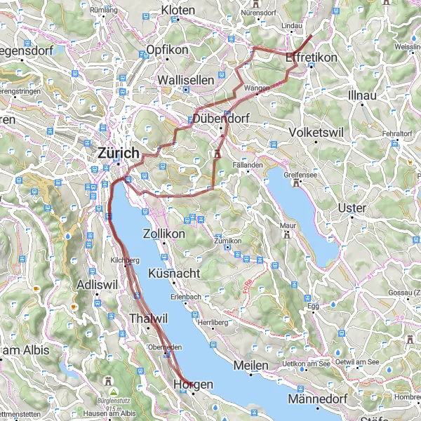 Zemljevid v pomanjšavi "Gorska avantura do Oberriedena" kolesarske inspiracije v Zürich, Switzerland. Generirano z načrtovalcem kolesarskih poti Tarmacs.app
