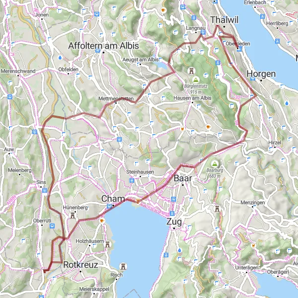 Miniatura mapy "Malownicza trasa gravelowa do Thalwil" - trasy rowerowej w Zürich, Switzerland. Wygenerowane przez planer tras rowerowych Tarmacs.app