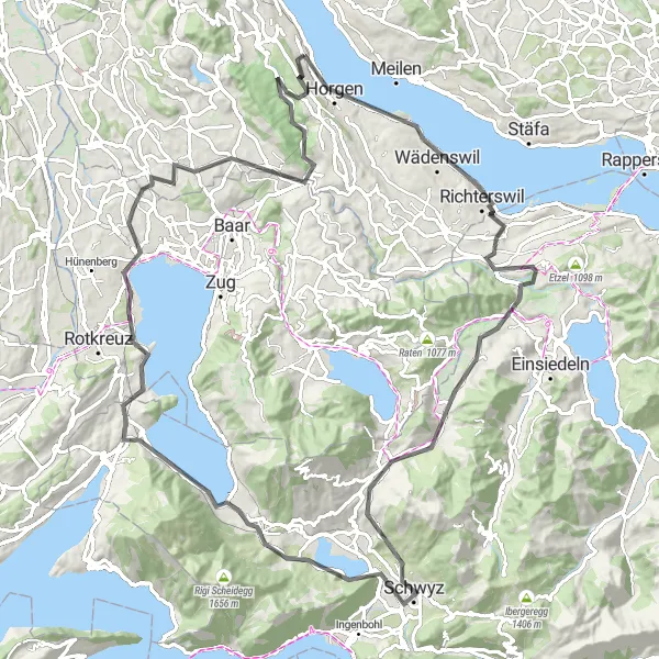 Map miniature of "Schwyz and Beyond" cycling inspiration in Zürich, Switzerland. Generated by Tarmacs.app cycling route planner