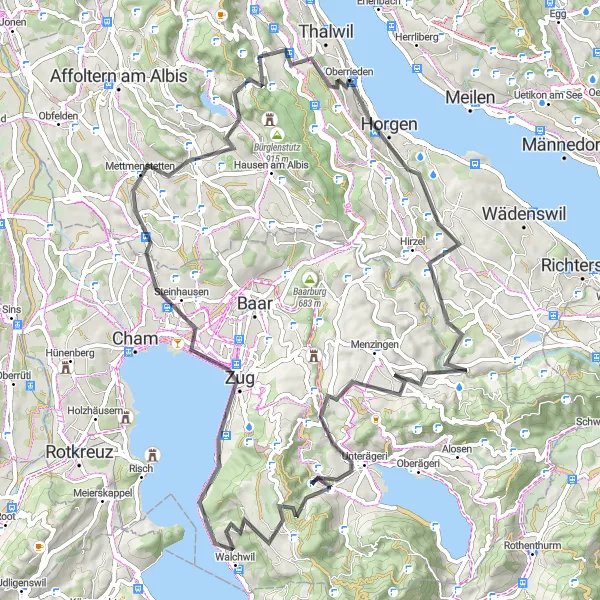 Mapa miniatúra "Trasa cez Oberrieden až po Rothirsch" cyklistická inšpirácia v Zürich, Switzerland. Vygenerované cyklistickým plánovačom trás Tarmacs.app