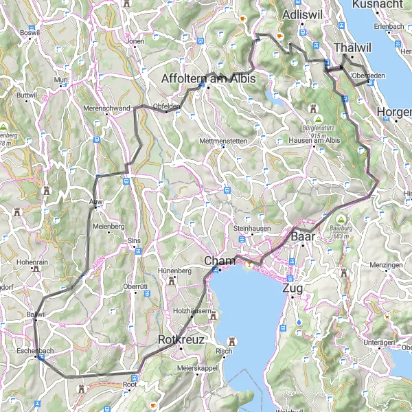 Miniatura della mappa di ispirazione al ciclismo "Tour in bicicletta da Oberrieden ad Affoltern am Albis" nella regione di Zürich, Switzerland. Generata da Tarmacs.app, pianificatore di rotte ciclistiche