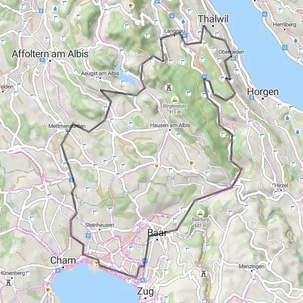 Miniatua del mapa de inspiración ciclista "Ruta escénica por Oberrieden y alrededores" en Zürich, Switzerland. Generado por Tarmacs.app planificador de rutas ciclistas