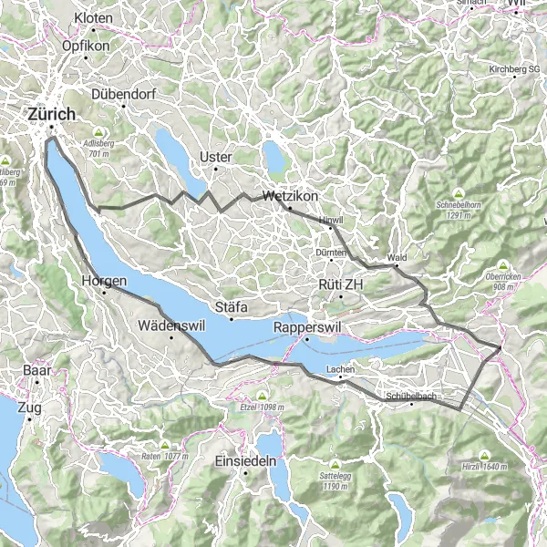 Map miniature of "Lake Zürich Circuit" cycling inspiration in Zürich, Switzerland. Generated by Tarmacs.app cycling route planner