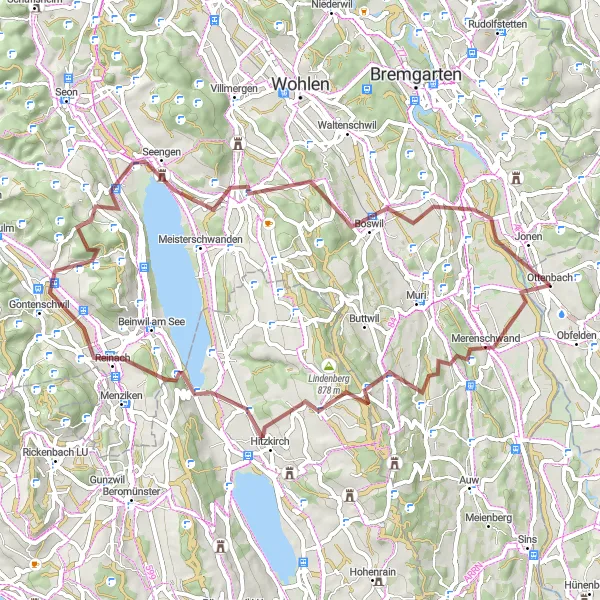 Karten-Miniaturansicht der Radinspiration "Graveltour Obfelden - Geltwil - Hitzkirch - Boniswil - Schloss Hallwyl - Rottenschwil - Ottenbach" in Zürich, Switzerland. Erstellt vom Tarmacs.app-Routenplaner für Radtouren