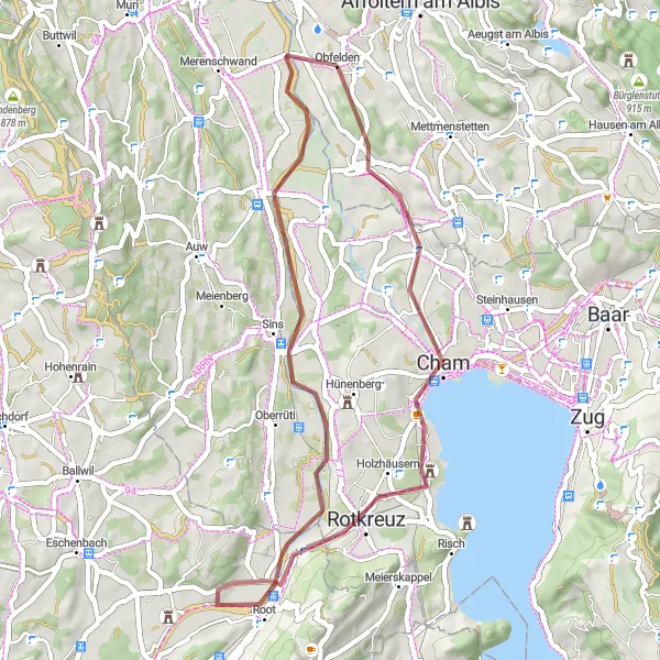 Miniatura della mappa di ispirazione al ciclismo "Percorso in bicicletta sterrato da Obfelden" nella regione di Zürich, Switzerland. Generata da Tarmacs.app, pianificatore di rotte ciclistiche