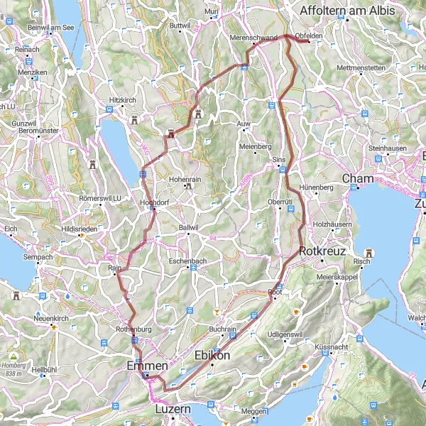 Miniatua del mapa de inspiración ciclista "Ruta de ciclismo de grava de Obfelden a Merenschwand" en Zürich, Switzerland. Generado por Tarmacs.app planificador de rutas ciclistas