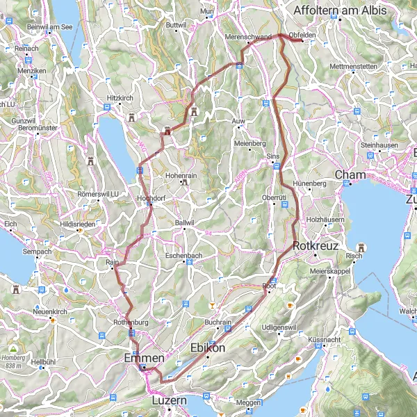 Miniatura della mappa di ispirazione al ciclismo "Esplora Sins, Ebikon e Rothenburg in Gravel biking" nella regione di Zürich, Switzerland. Generata da Tarmacs.app, pianificatore di rotte ciclistiche