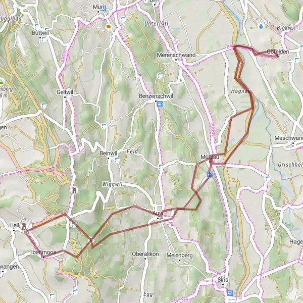 Karttaminiaatyyri "Auw - Obfelden" pyöräilyinspiraatiosta alueella Zürich, Switzerland. Luotu Tarmacs.app pyöräilyreittisuunnittelijalla