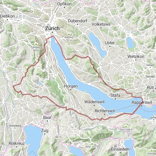 Map miniature of "Albis Mountain Escape" cycling inspiration in Zürich, Switzerland. Generated by Tarmacs.app cycling route planner