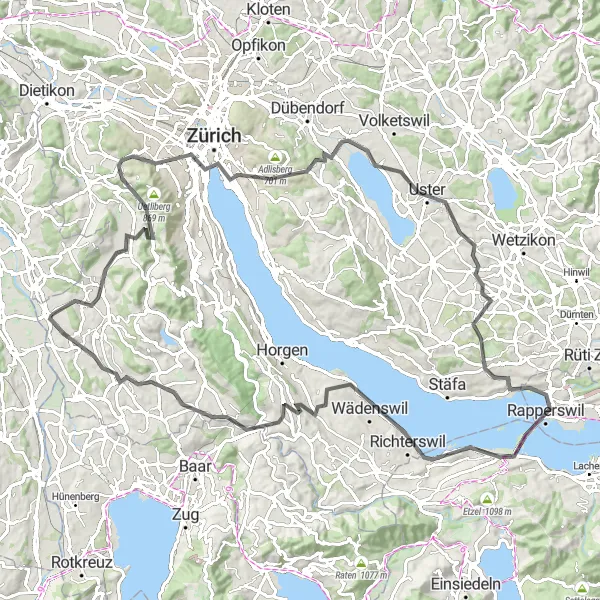 Kartminiatyr av "Hedingen til Obfelden Rundtur" sykkelinspirasjon i Zürich, Switzerland. Generert av Tarmacs.app sykkelrutoplanlegger
