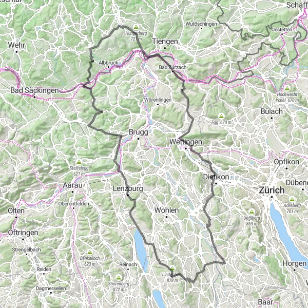 Map miniature of "The Ultimate Road Cycling Adventure through Merenschwand and Baden" cycling inspiration in Zürich, Switzerland. Generated by Tarmacs.app cycling route planner