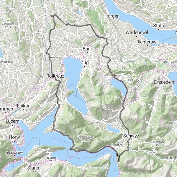 Miniature de la carte de l'inspiration cycliste "Tour pittoresque autour du lac de Lucerne" dans la Zürich, Switzerland. Générée par le planificateur d'itinéraire cycliste Tarmacs.app
