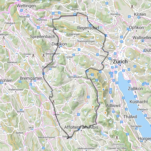 Miniatua del mapa de inspiración ciclista "Ruta ciclista de carretera de Oberwil a Affoltern am Albis" en Zürich, Switzerland. Generado por Tarmacs.app planificador de rutas ciclistas