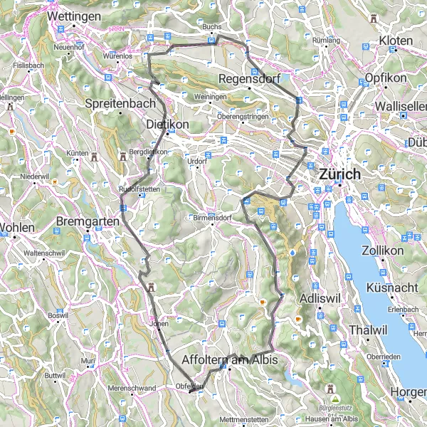 Miniaturní mapa "Pestrá trasa Oberwil - Affoltern am Albis" inspirace pro cyklisty v oblasti Zürich, Switzerland. Vytvořeno pomocí plánovače tras Tarmacs.app