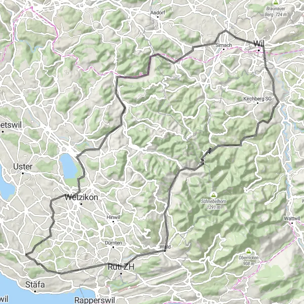 Kartminiatyr av "Zürich-Oetwil-Fischenthal Circular Road Route" sykkelinspirasjon i Zürich, Switzerland. Generert av Tarmacs.app sykkelrutoplanlegger