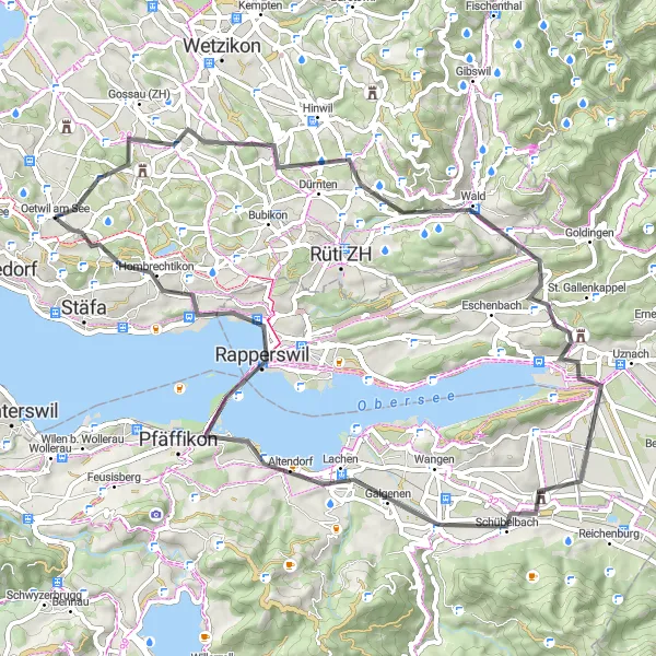 Kartminiatyr av "Landevei eventyr rundt Zürichsjøen" sykkelinspirasjon i Zürich, Switzerland. Generert av Tarmacs.app sykkelrutoplanlegger