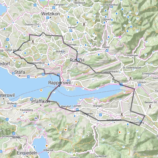 Karttaminiaatyyri "Maantiekiertue Türlistä Rapperswiliin" pyöräilyinspiraatiosta alueella Zürich, Switzerland. Luotu Tarmacs.app pyöräilyreittisuunnittelijalla