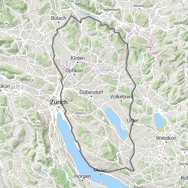 Karttaminiaatyyri "83 km maantiepyöräilyreitti Oetwilin läheisyydessä" pyöräilyinspiraatiosta alueella Zürich, Switzerland. Luotu Tarmacs.app pyöräilyreittisuunnittelijalla