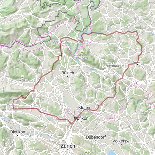 Kartminiatyr av "Grusväg till Seuzach och Kloten" cykelinspiration i Zürich, Switzerland. Genererad av Tarmacs.app cykelruttplanerare