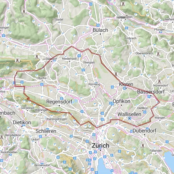 Miniatua del mapa de inspiración ciclista "Ruta de Grava de 56 km alrededor de Otelfingen" en Zürich, Switzerland. Generado por Tarmacs.app planificador de rutas ciclistas