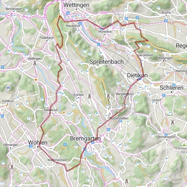 Kartminiatyr av "Upptäck Gravelvägar runt Wohlen" cykelinspiration i Zürich, Switzerland. Genererad av Tarmacs.app cykelruttplanerare