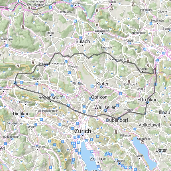 Miniature de la carte de l'inspiration cycliste "Tour à vélo autour d'Otelfingen et Regensberg" dans la Zürich, Switzerland. Générée par le planificateur d'itinéraire cycliste Tarmacs.app