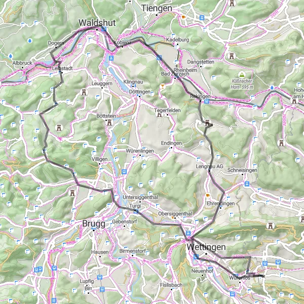 Map miniature of "The Hills of Würenlos" cycling inspiration in Zürich, Switzerland. Generated by Tarmacs.app cycling route planner