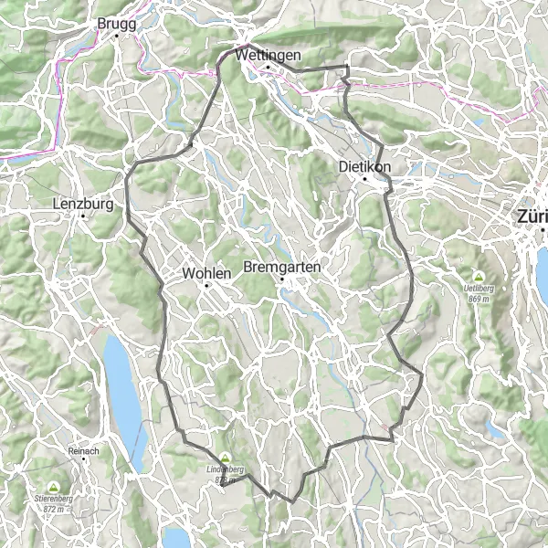 Miniatua del mapa de inspiración ciclista "Ruta de ciclismo de carretera por Otelfingen" en Zürich, Switzerland. Generado por Tarmacs.app planificador de rutas ciclistas
