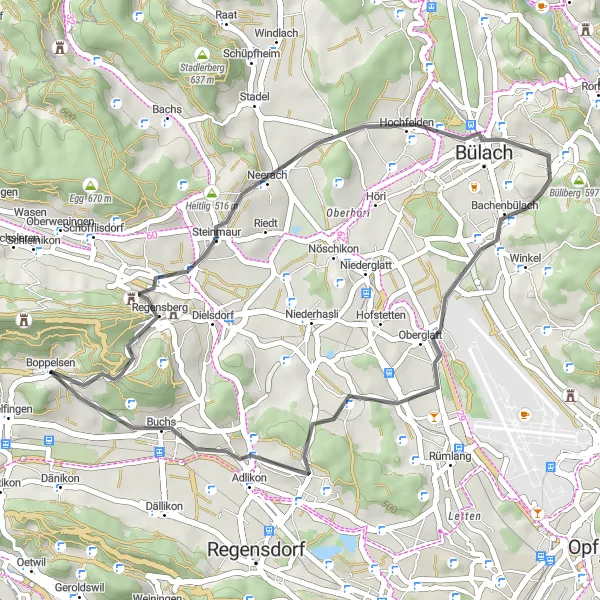 Miniatura della mappa di ispirazione al ciclismo "Itinerario in bici da Otelfingen a Buchs" nella regione di Zürich, Switzerland. Generata da Tarmacs.app, pianificatore di rotte ciclistiche