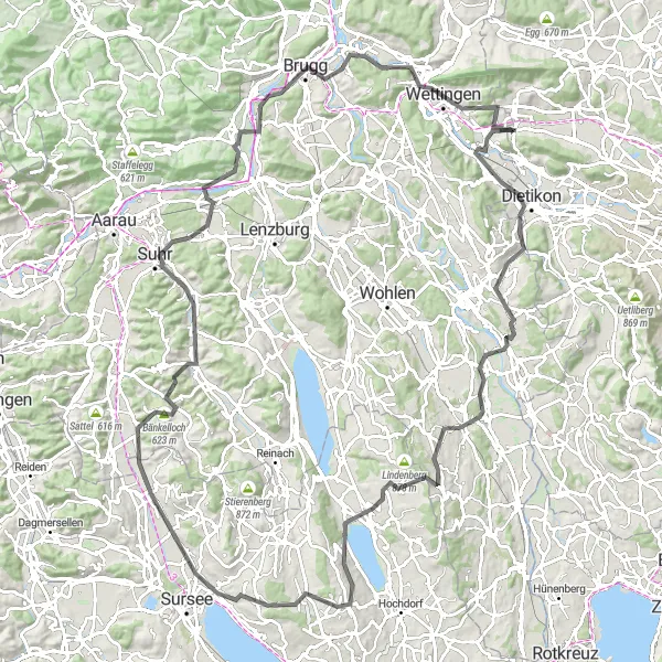 Miniatua del mapa de inspiración ciclista "Ruta en Carretera de 124 km alrededor de Otelfingen" en Zürich, Switzerland. Generado por Tarmacs.app planificador de rutas ciclistas