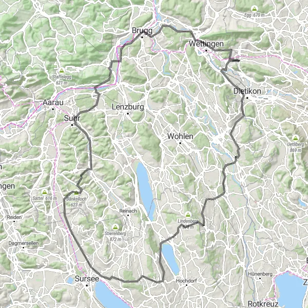 Miniatura mapy "Trasa Road w pobliżu Otelfingen" - trasy rowerowej w Zürich, Switzerland. Wygenerowane przez planer tras rowerowych Tarmacs.app