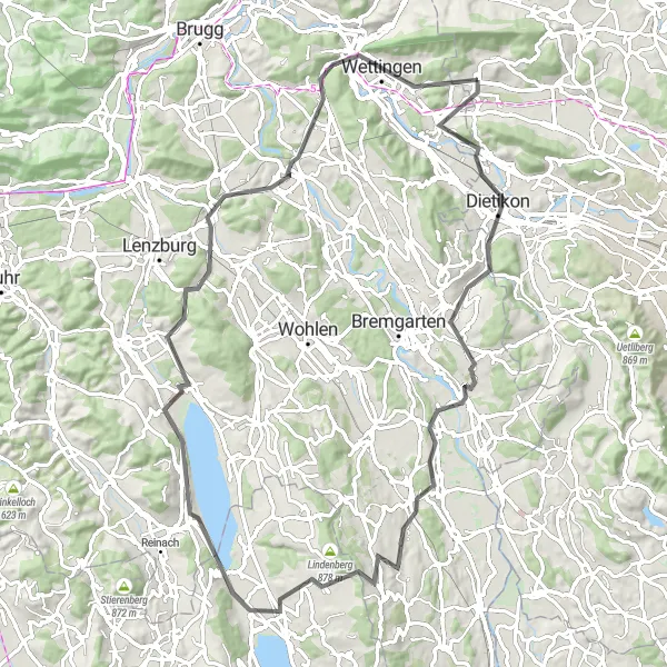 Map miniature of "Road to Wettingen" cycling inspiration in Zürich, Switzerland. Generated by Tarmacs.app cycling route planner