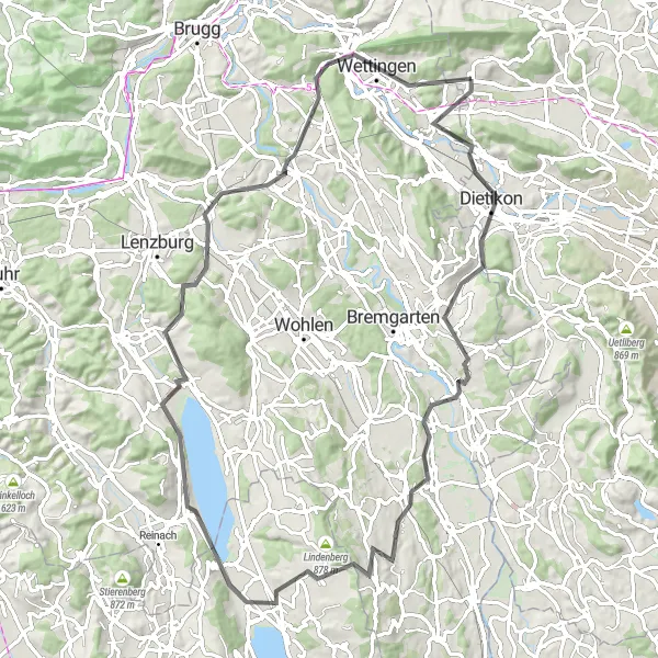 Miniaturní mapa "Výzva z Muri do Wettingenu" inspirace pro cyklisty v oblasti Zürich, Switzerland. Vytvořeno pomocí plánovače tras Tarmacs.app