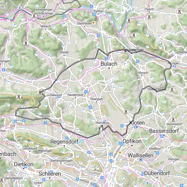 Miniatua del mapa de inspiración ciclista "Ruta panorámica de Otelfingen a Kloten" en Zürich, Switzerland. Generado por Tarmacs.app planificador de rutas ciclistas