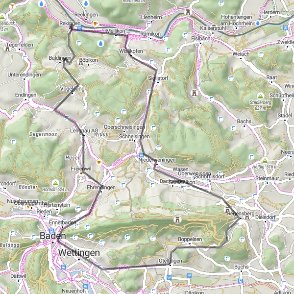 Miniatua del mapa de inspiración ciclista "Ruta a Belchen y Otelfingen" en Zürich, Switzerland. Generado por Tarmacs.app planificador de rutas ciclistas