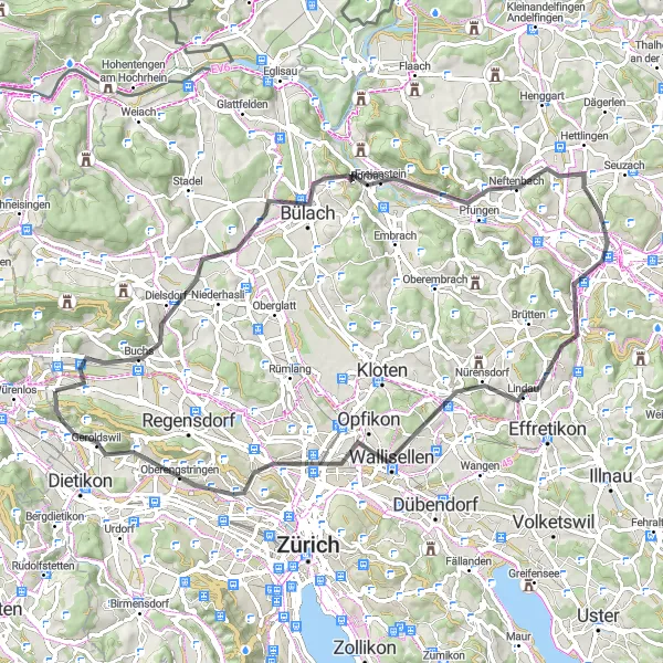 Map miniature of "Scenic Route to Oetwil" cycling inspiration in Zürich, Switzerland. Generated by Tarmacs.app cycling route planner