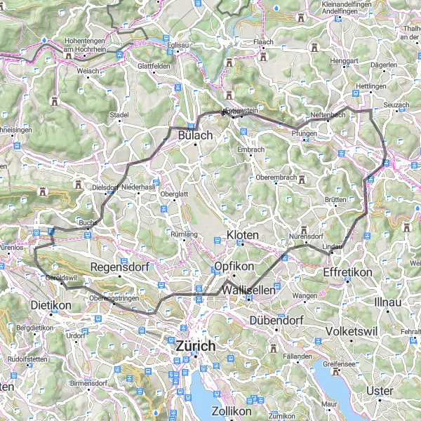 Miniatura della mappa di ispirazione al ciclismo "Avventura in bicicletta da Otelfingen a Wallisellen" nella regione di Zürich, Switzerland. Generata da Tarmacs.app, pianificatore di rotte ciclistiche