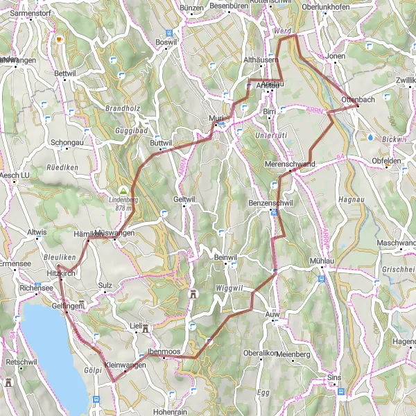 Miniatura della mappa di ispirazione al ciclismo "Percorso in bicicletta da Benzenschwil a Muri" nella regione di Zürich, Switzerland. Generata da Tarmacs.app, pianificatore di rotte ciclistiche