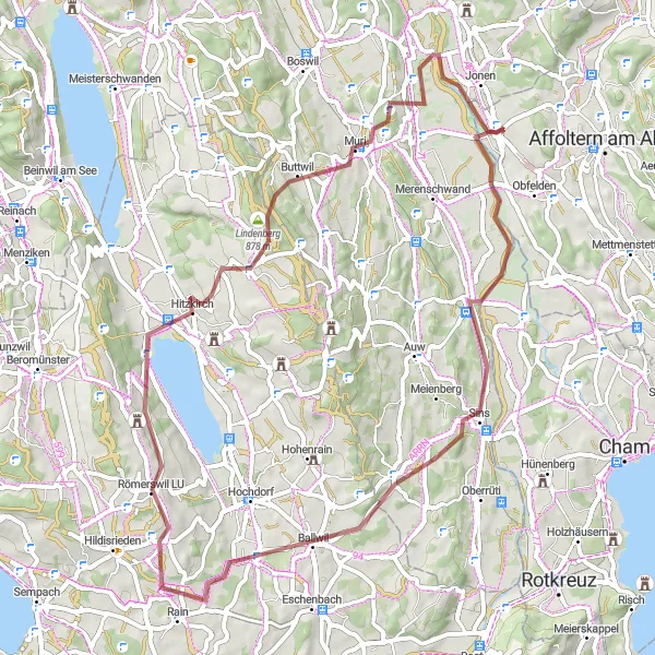 Miniaturní mapa "Gravelová cyklotrasa přes Sins, Ballwil a Lindenberg" inspirace pro cyklisty v oblasti Zürich, Switzerland. Vytvořeno pomocí plánovače tras Tarmacs.app