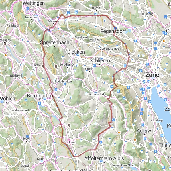 Map miniature of "Ottenbach-Unterlunkhofen-Mutschellenpass-Heitersbergpass-Buchs-Hönggerberg-Höngg-Whiskypass-Hedingen" cycling inspiration in Zürich, Switzerland. Generated by Tarmacs.app cycling route planner