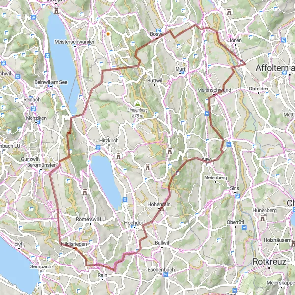 Mapa miniatúra "Gravelová jazda medzi prírodou okolo Ottenbachu" cyklistická inšpirácia v Zürich, Switzerland. Vygenerované cyklistickým plánovačom trás Tarmacs.app