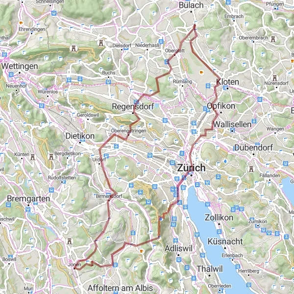 Mapa miniatúra "Gravelová cyklotrasa okolo Ottenbach" cyklistická inšpirácia v Zürich, Switzerland. Vygenerované cyklistickým plánovačom trás Tarmacs.app