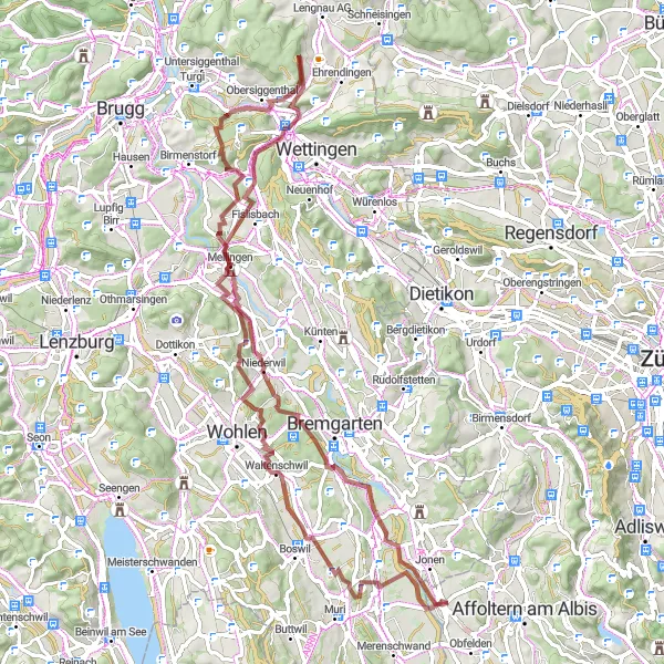 Kartminiatyr av "Lang grusvei tur fra Ottenbach" sykkelinspirasjon i Zürich, Switzerland. Generert av Tarmacs.app sykkelrutoplanlegger